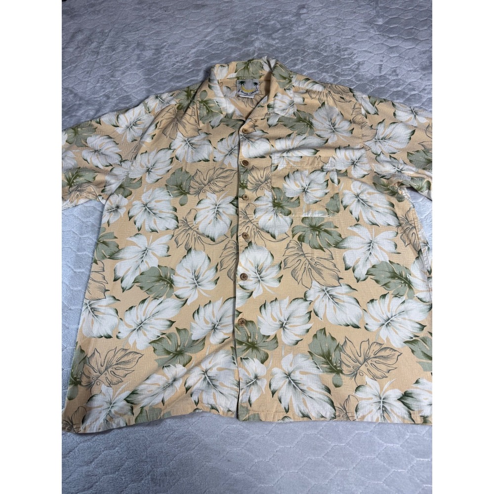 Banana Cabana Mens XL Silk Tropical Monstera Leaf Print Camp Shirt Tan Green